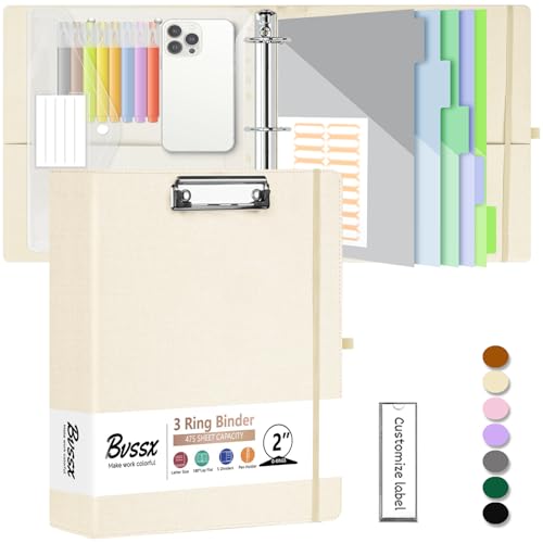 2 Inch 3 Ring Linen Binder Organizer, BVSSX Three Ring Binders with Clipboard, Plastic Folder, 5-Tabs Pocket Dividers with Sticker Labels, Pen Loop, Elastic Strap (Beige, Letter Size) - color: Light Beige, size: 2in（Letter Size）