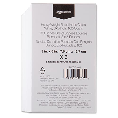 Amazon Basics Heavy Weight Ruled Index Cards for Studying and Note Taking, White, 3" x 5", 300 Count (Pack of 3) - size: 100 Count (Pack of 3), style: Ruled, 3x5, 300 Count