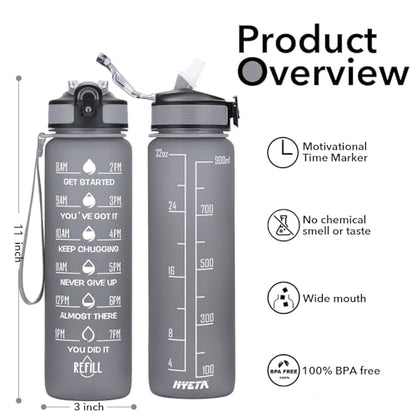 Hyeta Water Bottle with Straw & Time Marker, Plastic 32oz Leakproof | Motivational Tritan BPA Free Gym Office Outdoor Intake Tracker Hourly Reminder Straw Lid Carry Strap - color: Grey Matte