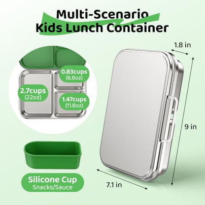 Pawtong Stainless Steel Bento Box for Kids and Adults, 3 Compartment Leakproof Lunch Box with Removable Silicone Seal and Silicone Contianer, Metal Lunch Container for School, Work and Travel (Green) - color: Green