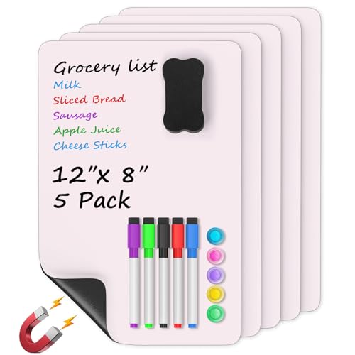 MaxGear Magnetic Whiteboard for Fridge 12x8 Pink 5 Pack | Strong Magnet, Dry Erase, Reusable, Easy Clean, Stain Resistant, Meal Planner, Grocery List, Family Notes, Kitchen Organizer - color: Pink