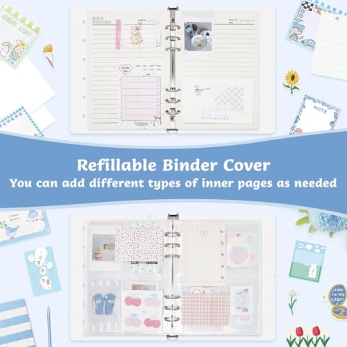 Refillable A5 Binder 6 Ring Cover for Planner Journal Budget Notebook Making with 300 PCS Binder Sheet Converter Sticker, Loose Leaf Cover with 20mm Inner Diameter Ring (Perforated-Beige)