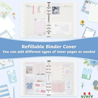 Refillable A5 Binder 6 Ring Cover for Planner Journal Budget Notebook Making with 300 PCS Binder Sheet Converter Sticker, Loose Leaf Cover with 20mm Inner Diameter Ring (Perforated-Beige)