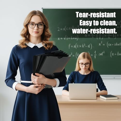 24 Pcs Plastic Folders with Front Clear Pocket and Business Card Holder 2 Pocket Heavy Duty Folders Plastic Letter Size Paper for Business School Office Supplies - color: Black