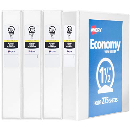 Avery Standard View 3 Ring Binders, 1.5" Round Rings, 275-Sheet Capacity, 2.1 Inch Wide Spine, White Binders, Ideal for Lightweight Organization and Occasional Referencing (4-Pack of 19201) - size: 1.5"