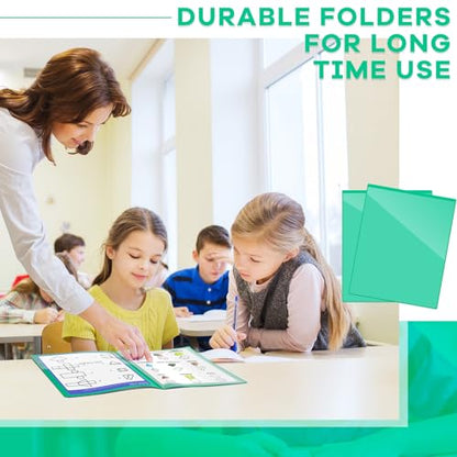 Henoyso 24 Pcs School and Home 2 Pocket Folders with 4 Clear Inner Pockets Plastic Heavy Duty Homework Folders Parent Teacher Communication for Student Home Office Classroom,11 x 9 Inch (Green) - color: Green