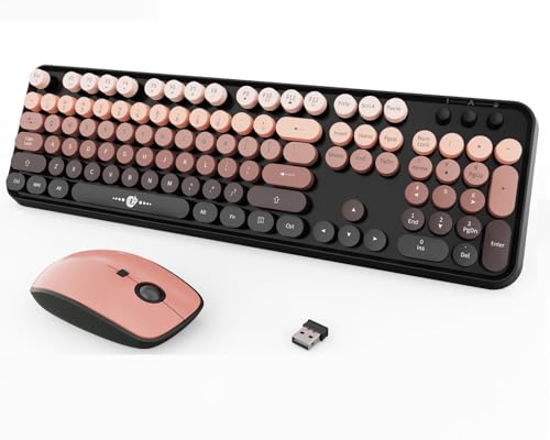 Wireless Keyboard and Mouse Combo for Long Nails, Black Pink Aesthetic Bubble Keyboard with Round Keys, Cute Typewriter Style Full Size Keyboard with Number Pad for PC Laptop Desktop - color: Black Pink