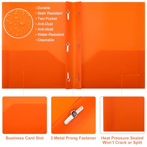 Cholemy 72 Packs Pocket Folders with Prongs Heavy Duty Plastic Folder with Business Card Slot 3 Prong Fasteners for School Office (Orange) - color: Orange