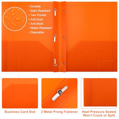 Cholemy 72 Packs Pocket Folders with Prongs Heavy Duty Plastic Folder with Business Card Slot 3 Prong Fasteners for School Office (Orange) - color: Orange