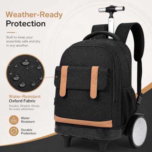 KLFVB Rolling Backpack with Big Quiet-Glide Wheels, 3-in-1 Wheeled Commuter Set with Lunch Bag | Water-Resistant Roller Bag for Men & Women, Work, Travel, School - Black