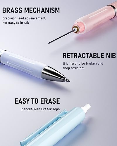 Nicpro 3PCS Pastel Mechanical Pencil Set, 0.9 Mechanical Pencil with 6 Tubes HB Lead 0.9mm, 3PCS Eraser & 9PCS Eraser Refill, Cute School Supplies for Writing, Sketching, Drafting-With Case - style: 3 Pack (0.9mm)