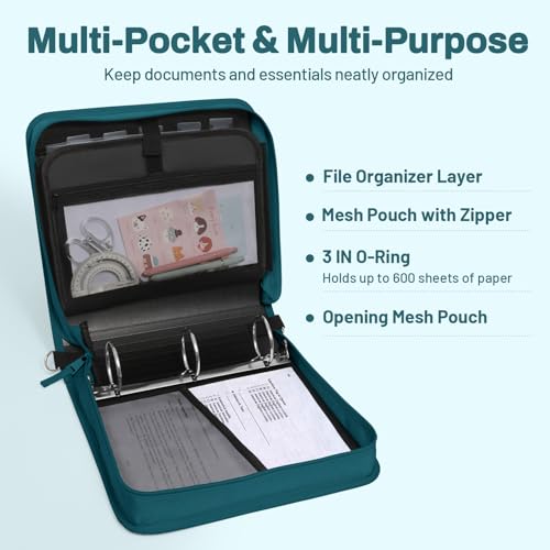 SUNEE Zipper Binder 3 Ring, 3 Inch O-Ring with Handle and Shoulder Strap, 600-Sheet Capacity, 5-Tab Expanding File Folder, Multi-Pockets for Middle School Organizer Binder with Zipper, Dark Teal-Green - color: Dark Teal-green
