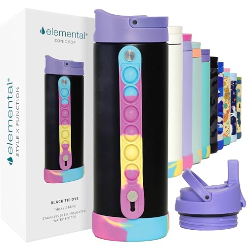 Elemental Iconic Kids Water Bottle for School - 100% Leak-Proof Insulated Water Bottles with Straw Lid & Pop-It Handle for Boys & Girls - Triple-Wall Insulated & BPA-Free, 14oz – Black Tie Dye - color: Black Tie Dye, size: 14 Ounces