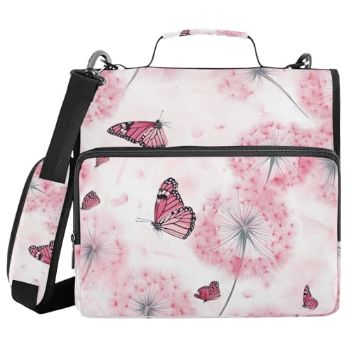 Pink Dandelion and Butterfly Zipper Binder 3 Ring 1.5 Inch School Binder Organizer with Shoulder Strap Handle File Folder Pockets Large Capacity Students Girl Boy Men Office Work - color: Pink Dandelion and Butterfly