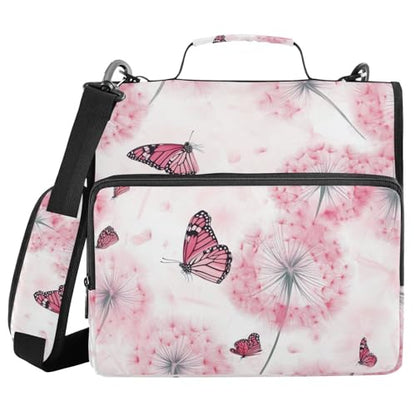 Pink Dandelion and Butterfly Zipper Binder 3 Ring 1.5 Inch School Binder Organizer with Shoulder Strap Handle File Folder Pockets Large Capacity Students Girl Boy Men Office Work - color: Pink Dandelion and Butterfly
