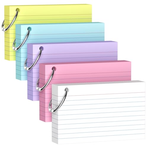 250-Pack Colored Index Cards, 3x5 Inch w/Key Ring – 180gsm Heavyweight Flashcards – 5 Vibrant Colors Flash Cards (White Pink Purple Blue Yellow) – Perfect for Study, Notes & Memory, Students School - color: White Pink Purple Blue Yellow