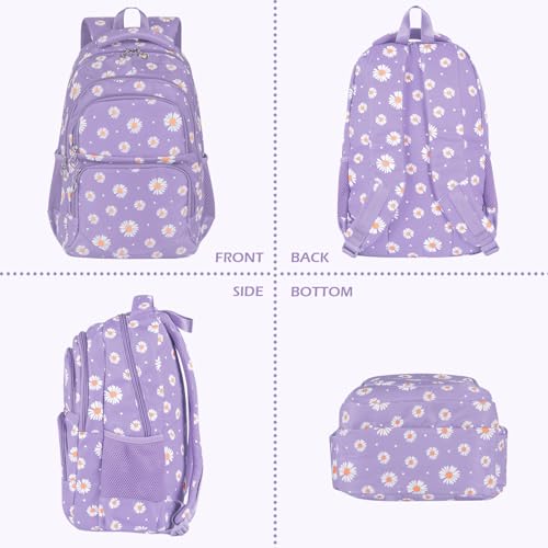 Glodwheat Daisy Printed Backpack For Girls- 3Pc Set With Lunch Box & Pencil Case, Lightweight Water-Resistant Bookbag For Elementary School - color: Purple