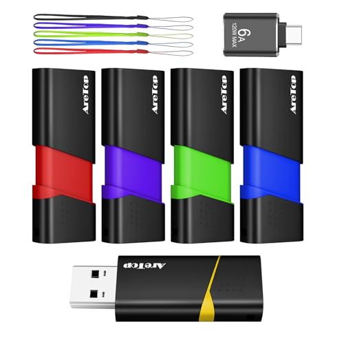 8GB USB Flash Drive 5 Pack, AreTop FAT32 USB 2.0 Thumb Drives | Slide Retractable USB Drives 8GB 5 Pack Memory Sticks for Data Storage (Mixed Color:Yellow,Red,Blue,Green,Purple) - size: 8GB, style: USB Drive+USB-C Adapter
