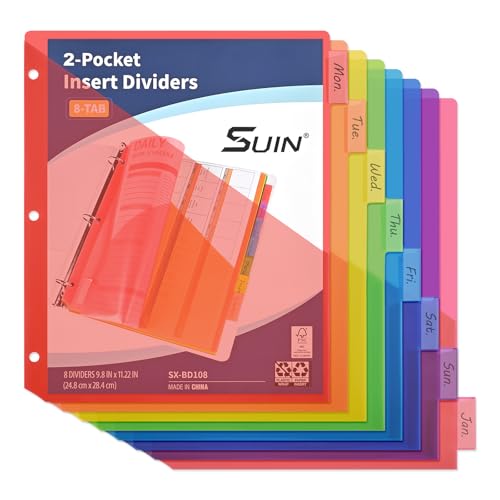 SUIN 8-Tab Binder Dividers with Double Pockets - Translucent Plastic Page Separators for 3 Ring Binder, Front & Back Storage, Durable Poly, Letter Size, Rainbow Colors, 1-Pack - size: 1