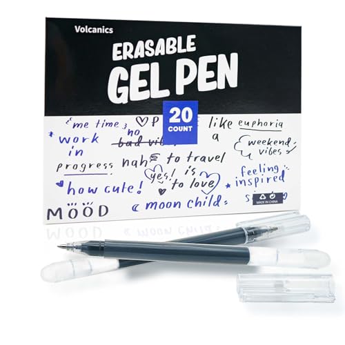 Volcanics Black Erasable Gel Ink Pens 20 Pack – Smooth Writing Heat Erasable Gel Pens with Cap, No Refill Needed, No Smudge, Ideal for School, Office, Journaling, Sketching, Note Taking - color: Black