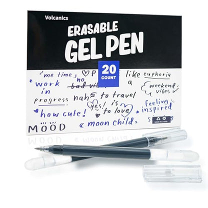 Volcanics Black Erasable Gel Ink Pens 20 Pack – Smooth Writing Heat Erasable Gel Pens with Cap, No Refill Needed, No Smudge, Ideal for School, Office, Journaling, Sketching, Note Taking - color: Black