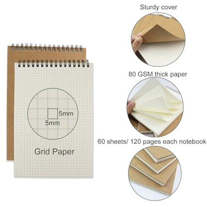4 Pack Graph Paper Notebook, A5 Top Wirebound Grid Spiral Notebook 5.8" x 8.3",60 Sheets,5mm x 5mm Grid Paper,Grid Notepad for Students, Math, Engineering (Kraft) - color: Kraft (4pcs)