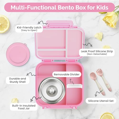 Kids Lunch Box Set with Bento Box, 9oz Stainless Steel Thermo & Insulated Lunch Bag – Hot & Cold Leakproof Lunch Container with Utensils for School & Travel - color: Pink
