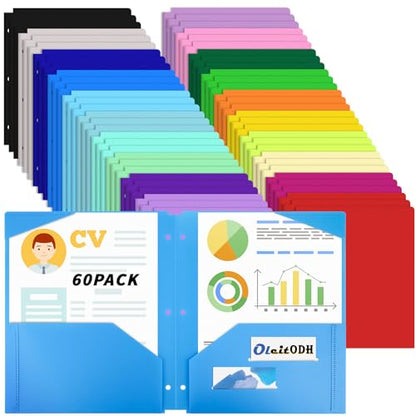 60 Pack Plastic Folders with Pockets 3 Hole Punched - Oleitodh 20 Colors 2 Pocket Folder with 2 Business Card Holder, Fit in 3 Ring Binder, Heavy Duty Folders for School Home Office & Business - style: 3 Hole Punched Style