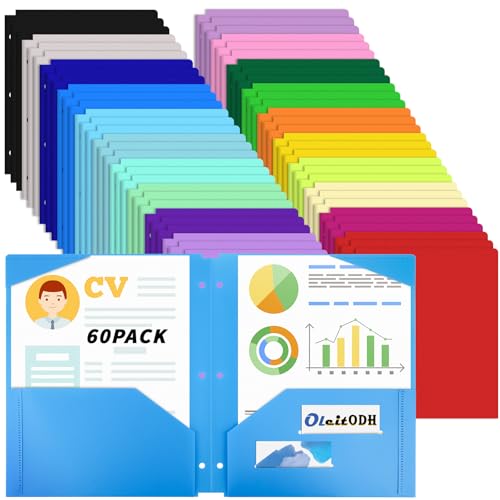 60 Pack Plastic Folders with Pockets 3 Hole Punched - Oleitodh 20 Colors 2 Pocket Folder with 2 Business Card Holder, Fit in 3 Ring Binder, Heavy Duty Folders for School Home Office & Business - style: 3 Hole Punched Style