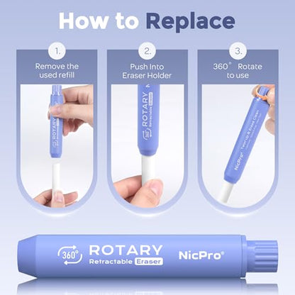 Nicpro 5+1 Pack Rotary Retractable Erasers, Soft TPE Rubber Twist Large Pencil Erasers with 5 Refills, Clean-Erasing Eraser for Kids & Students, School Office Supplies Stationary Set (Purple) - color: Purple