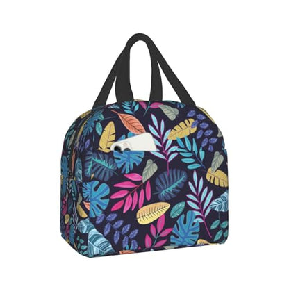 Imiss Blue Tropical Leaves Insulated Lunch Bag for Woman Man Adults， Hawaii Hawaiian Plants Reusable Cooler Lightweight Lunch Cooler Bag with Front Pocket for Picnic Work Office - color: Blue Tropical Leaves