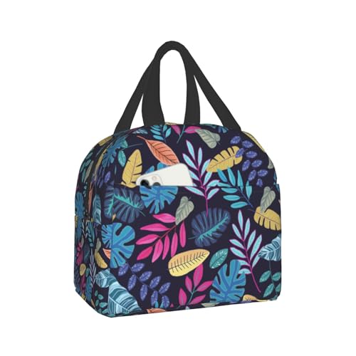 Imiss Blue Tropical Leaves Insulated Lunch Bag for Woman Man Adults， Hawaii Hawaiian Plants Reusable Cooler Lightweight Lunch Cooler Bag with Front Pocket for Picnic Work Office - color: Blue Tropical Leaves