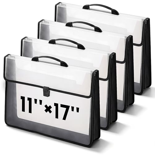 AmazingSpark 4 Pcs 11 x 17 Inch Folder Expandable Tabloid Size Document Organizers with Handle, Snap Closure & Label, Clear Plastic Expanding File Folder for A3 Ledger Size Plots Charts (Black) - color: Black