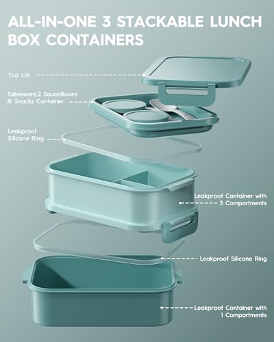 KEMETHY Adults Bento Lunch Box Set with Thermo Bag, 74oz Stackable Leak-proof 3-tiers Bento Box, Built-in Utensil and Sauce Container for Work, School, Dining Out (Green) - color: Lake Green