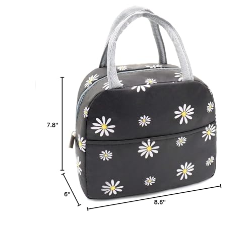 Sonuimy Insulated Lunch Bag Women, Reusable Cute Tote Lunch Box for Adult & Men, Leakproof Cooler Lunch Bags for Work Office Travel Picnic (Black with White Daisy) - color: Black with White Daisy