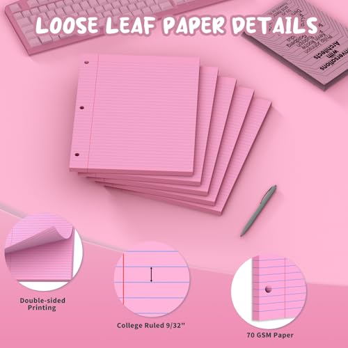 Pink Loose Leaf Paper 8 x 10.5, 120 Sheets Lined Paper College Ruled Paper, 3 Hole Punched Notebook Paper College Ruled, 3 Ring Binder Paper 8 x 10.5, Filler Paper College Ruled for Office, School - color: Pink-120 Pcs