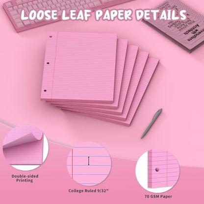 Pink Loose Leaf Paper 8 x 10.5, 120 Sheets Lined Paper College Ruled Paper, 3 Hole Punched Notebook Paper College Ruled, 3 Ring Binder Paper 8 x 10.5, Filler Paper College Ruled for Office, School - color: Pink-120 Pcs