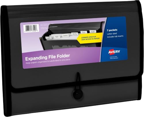 Avery Expanding File Folder Organizer, 7-Pocket Accordion File Organizer, Black, Holds 425 Letter/A4-Size Sheets (73550) (Pack of 8) - color: Black, size: 7 Pockets (Pack of 8)