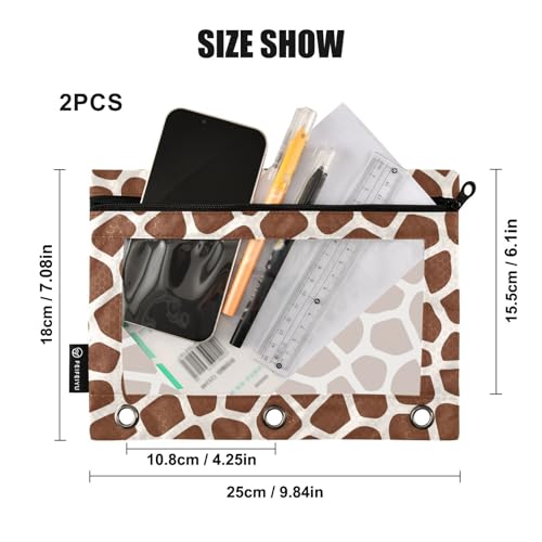 2 Pack 3 Ring Binder Pencil Pouch Giraffe Skin Pencil Case Pencil Bags with Zipper, Clear PVC Binder Pockets for Office Daily Supplies - color: Color 1