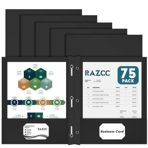 Two Pocket Folders, RAZCC 75 Pack Two Pocket Folders with Prongs, 3 Prong Folders Fit Letter Size Paper, Pocket File Folders for School Office Home Business, Black - color: Black