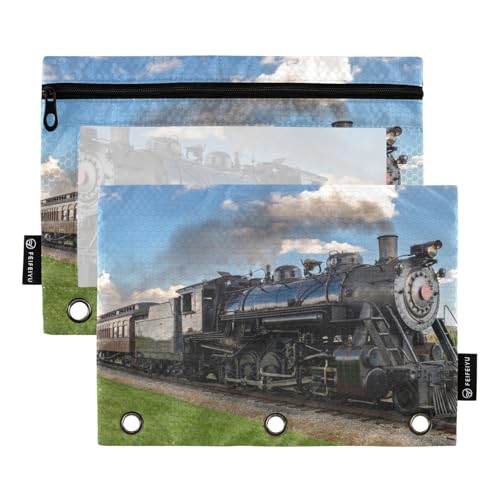 Vintage Steam Train Pencil Pouch for 3 Ring Binder, Binder Pencil Pouches with Clear Window Zipper Pencil Case for Office College Supplies, 2PCS (B0312) - color: B0312