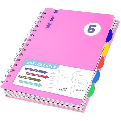 FLYING EAGLE 5 Subject Notebook Wide Ruled Spiral Notebook 5x7, A5 Small Notebook with Remoable Dividers, Hardcover Notebooks for Work, 204 Pages Lined Journal for Women, Pink - color: A.Pink, size: A5(5.5x8in)-1 Pack