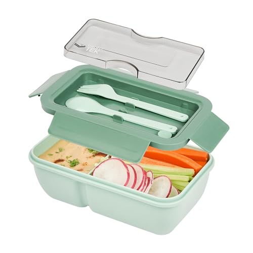 Restaurantware-Bento Tek 28.7 Ounce Bento Box, 1 Reusable Lunch Container - With Fork And Spoon, Does Not Contain BPA, Green Plastic Reusable Lunch Box, Microwavable, Dishwashable - size: 1 Count, style: 29 oz - Green