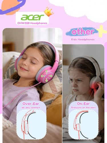 Acer Kids Headphones Wired for School - Over Ear Design, 85/94dB Safe Volume Limit, 3.5mm Jack Foldable Headphones for Toddler Boys Girls Classroom Yoto Player Chromebook Travel (Pink) - color: Pink