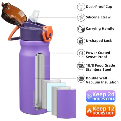 BJPKPK Stainless Steel Insulated Water Bottle with Straw Lid 18oz Reusable Metal Thermal Flask Bottles Keep Cold and Hot,Purple - color: Purple, size: 18 Ounces