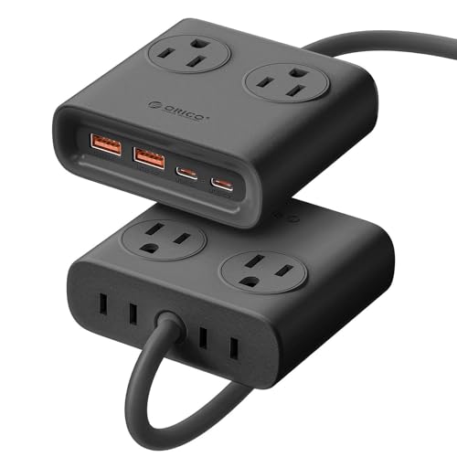 ORICO Power Brick, 25W GaN Power Strip, 8 in 1 Extension Cord with 4 AC Outlets and 2 USB-A and 2 USB-C Ports, 5ft Flat Plug Black Outlet Extender for Home/Dorm/Travel ETL Listed-PDC (1 PC) - color: Black（25W)