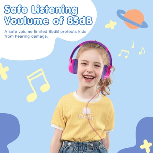 ZIHNIC Wired Kids Headphones, Safe 85dB Volume Limit for Boys & Girls, Comfortable Earpads, Foldable Design for School, Tablets, and Travel-Rose RED - color: Rose RED