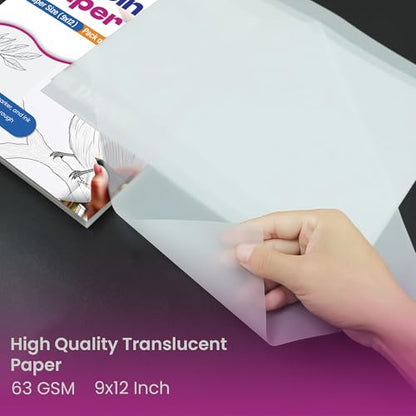 Tracing Paper 9x12 in, 75 Sheets, Transparent Sketch Paper 63gsm | Translucent, Sketching & Drafting, Overlays, Pencil Marker & Ink, Premium - size: 9" x 12" (75 Sheet)