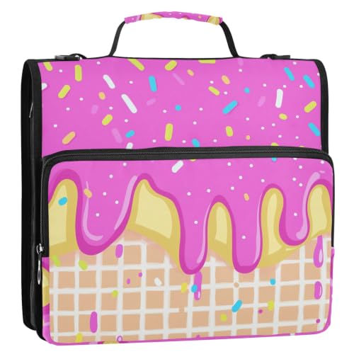 Ice Cream Zipper 3 Ring Binder Bag with Shoulder Strap for School | 2 Inch 3 Ring, Secure Zippered Closure, Organizer Pockets for Classification, Heavy Duty File Organizer - color: Ice Cream Pink
