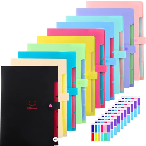 10 Pack Expanding File Folders, A4 Accordion Document Organizer | Plastic Expandable File Folder with Snap Closure, 5 Pocket, 120 Labels in 12 Colors for Office Supplies